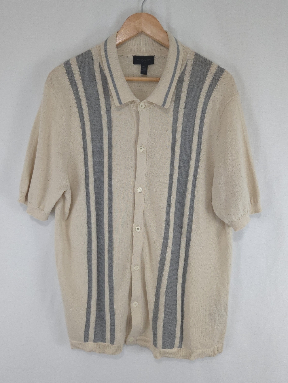 Magaschoni Men's Short Sleeve Button Front Striped Polo Shirt